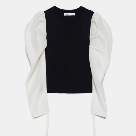 NWOT Zara Blouse Black knit body Off-White Puffy Statement Long Sleeve S - Picture 1 of 15